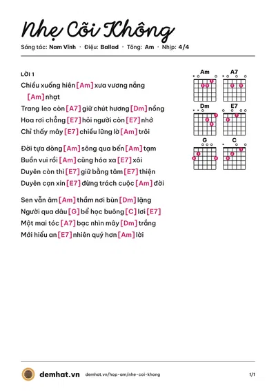 Hợp âm Nhẹ Cõi Không (Nam Vĩnh) – bản nhạc PDF trang 1, tông Am