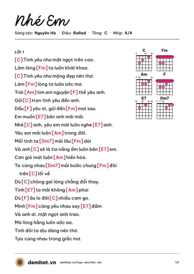 Hợp âm Nhé Em (Mỹ Tâm) – bản nhạc PDF trang 1, tông C