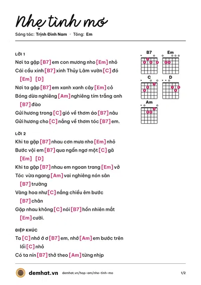 Hợp âm Nhẹ tình mơ (Thụy Long) – bản nhạc PDF trang 1, tông Em