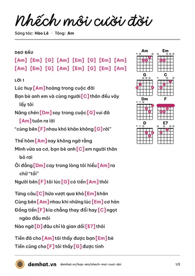 Hợp âm Nhếch môi cười đời (Ngọc Ánh Sáng) – bản nhạc PDF trang 1, tông Am