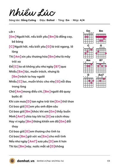 Hợp âm Nhiều Lúc (Quang Hà) – bản nhạc PDF trang 1, tông Em