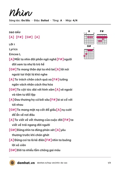 Hợp âm Nhìn (Emcee L) – bản nhạc PDF trang 1, tông A