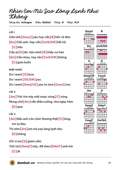 Hợp âm Nhìn Em Mà Sao Lòng Lạnh Như Không (hnhngan) – bản nhạc PDF trang 1, tông G