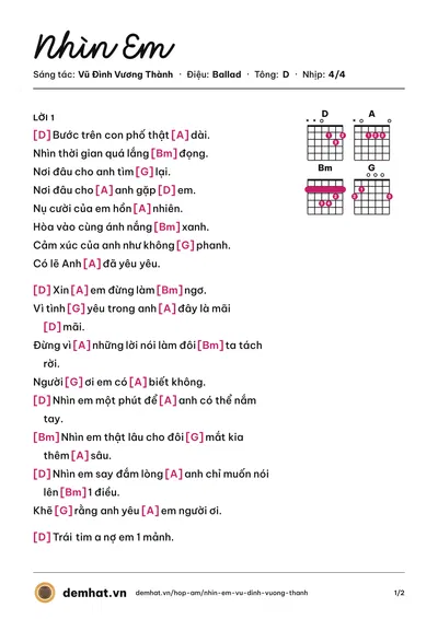 Hợp âm Nhìn Em (Vũ Đình Vương Thành) – bản nhạc PDF trang 1, tông D