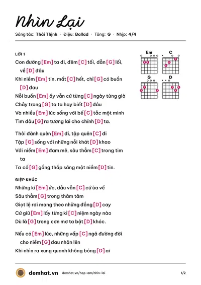 Hợp âm Nhìn Lại (Trung Quân) – bản nhạc PDF trang 1, tông G