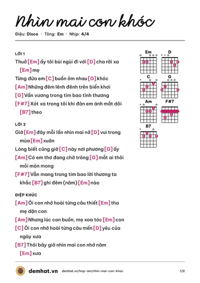 Hợp âm Nhìn mai con khóc – bản nhạc PDF trang 1, tông Em