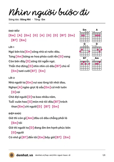 Hợp âm Nhìn người bước đi (Băng Nhi) – bản nhạc PDF trang 1, tông Em