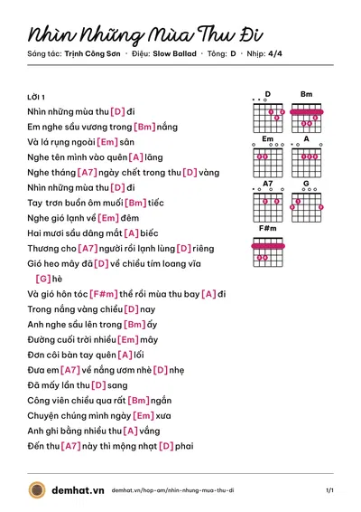 Hợp âm Nhìn Những Mùa Thu Đi (Hồng Nhung) – bản nhạc PDF trang 1, tông D