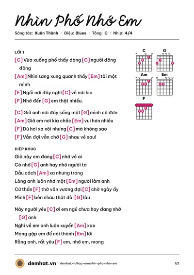 Hợp âm Nhìn Phố Nhớ Em (Xuân Thành) – bản nhạc PDF trang 1, tông C
