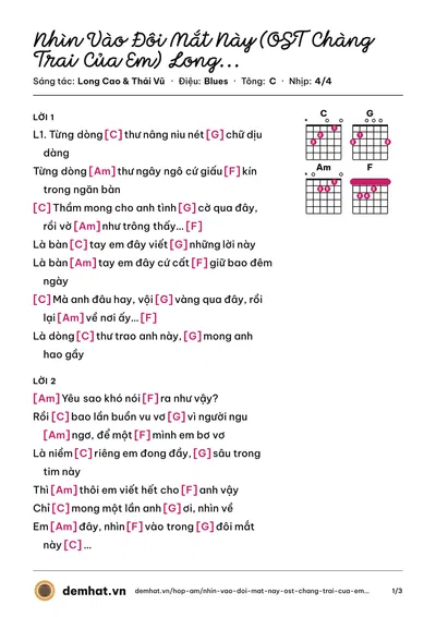 Hợp âm Nhìn Vào Đôi Mắt Này (OST Chàng Trai Của Em) Long Cao ft Thái Vũ (Long Cao) – bản nhạc PDF trang 1, tông C