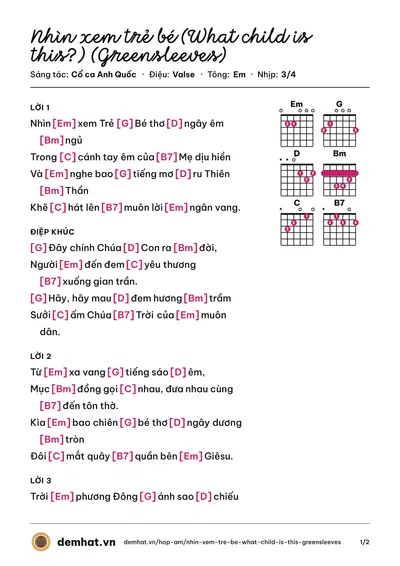 Hợp âm Nhìn xem trẻ bé (What child is this?) (Greensleeves) (Ca đoàn Tam Biên) – bản nhạc PDF trang 1, tông Em