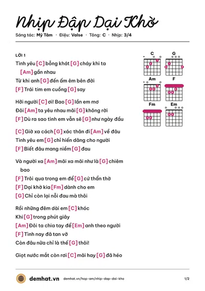 Hợp âm Nhịp Đập Dại Khờ (Mỹ Tâm) – bản nhạc PDF trang 1, tông C
