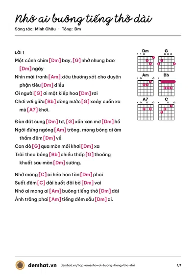 Hợp âm Nhớ ai buông tiếng thở dài (Bằng Chương) – bản nhạc PDF trang 1, tông Dm