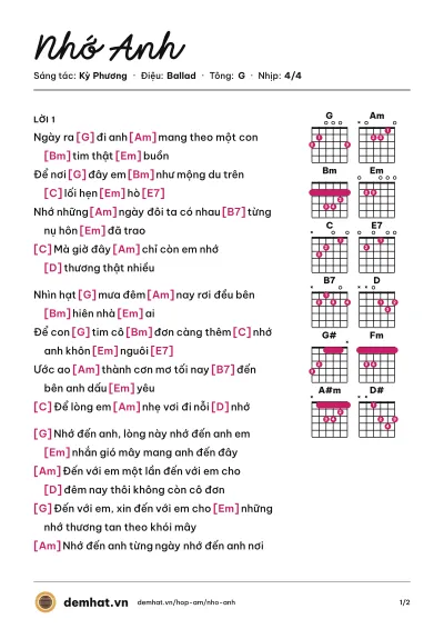 Hợp âm Nhớ Anh (Thu Minh) – bản nhạc PDF trang 1, tông G