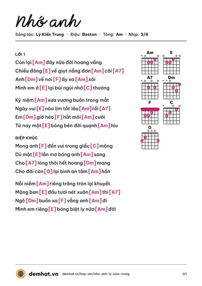 Hợp âm Nhớ anh (Thùy An) – bản nhạc PDF trang 1, tông Am