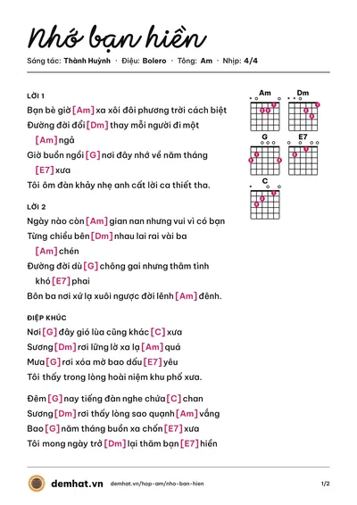 Hợp âm Nhớ bạn hiền (Lê Minh Trung) – bản nhạc PDF trang 1, tông Am