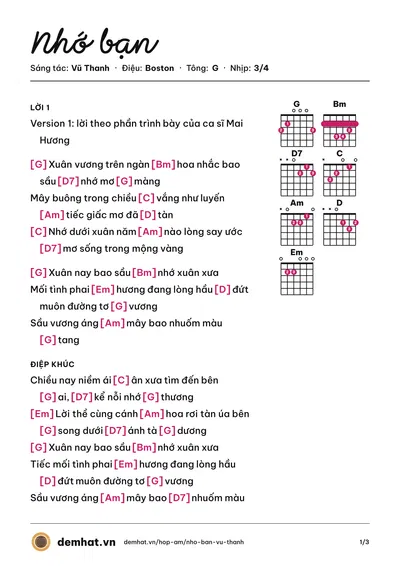 Hợp âm Nhớ bạn (Vũ Thanh) – bản nhạc PDF trang 1, tông G