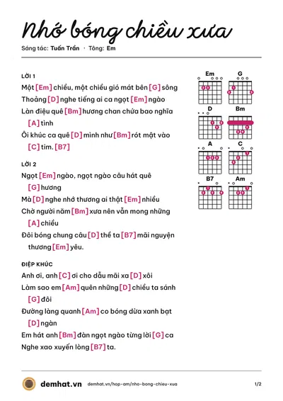 Hợp âm Nhớ bóng chiều xưa (Thanh Anh) – bản nhạc PDF trang 1, tông Em