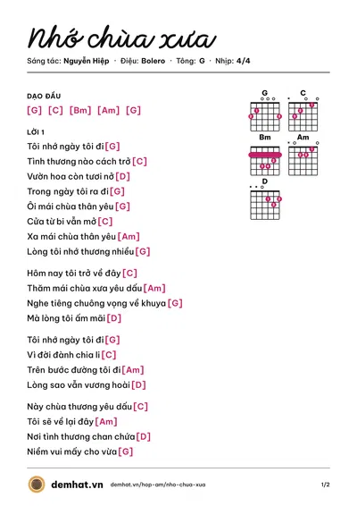 Hợp âm Nhớ chùa xưa (Thùy Dương) – bản nhạc PDF trang 1, tông G