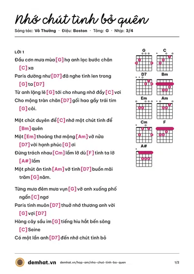 Hợp âm Nhớ chút tình bỏ quên (Bạch Yến) – bản nhạc PDF trang 1, tông G