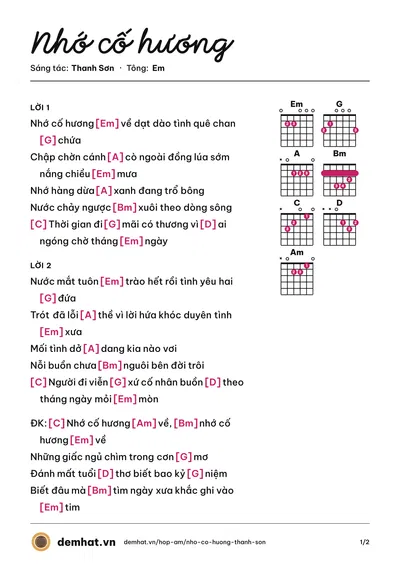 Hợp âm Nhớ cố hương (Trọng Phúc) – bản nhạc PDF trang 1, tông Em