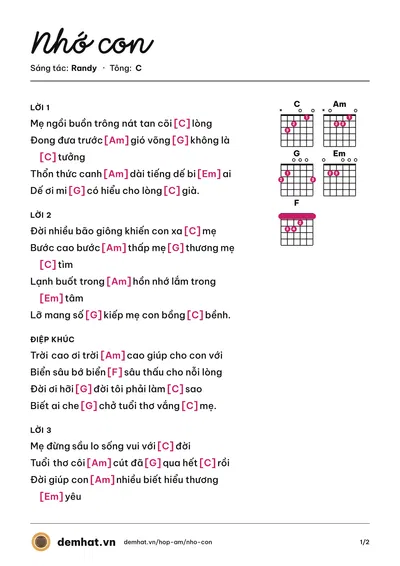 Hợp âm Nhớ con (Randy) – bản nhạc PDF trang 1, tông C