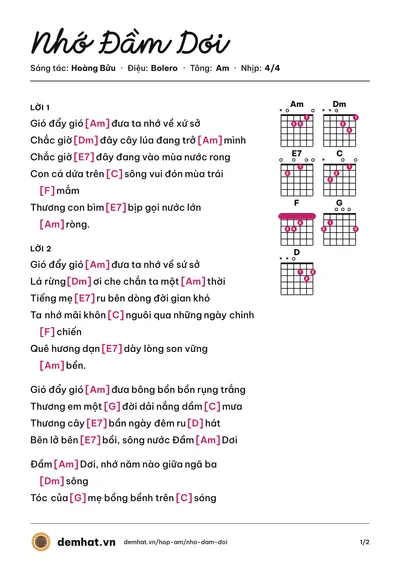 Hợp âm Nhớ Đầm Dơi (Hoàng Bửu) – bản nhạc PDF trang 1, tông Am