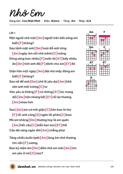 Hợp âm Nhớ Em (Huỳnh Nguyễn Công Bằng) – bản nhạc PDF trang 1, tông Am
