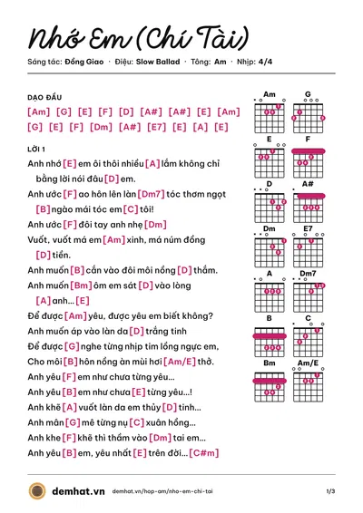Hợp âm Nhớ Em (Chí Tài) (Chí Tài) – bản nhạc PDF trang 1, tông Am