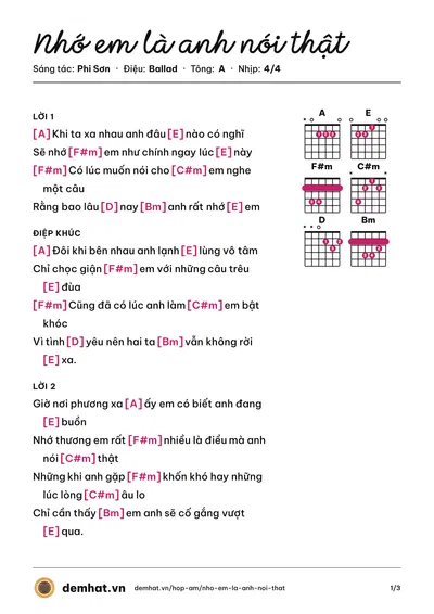 Hợp âm Nhớ em là anh nói thật (Phi Sơn) – bản nhạc PDF trang 1, tông A