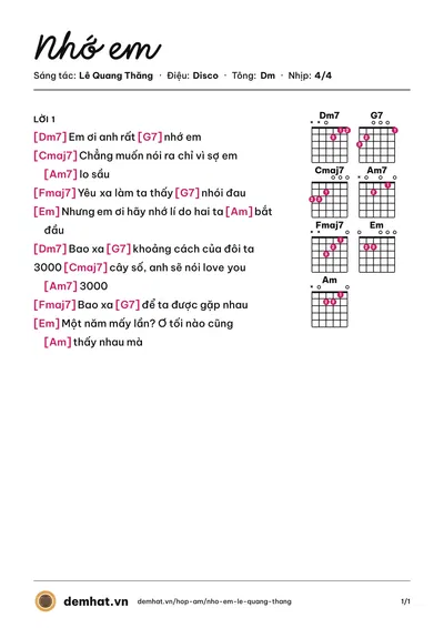 Hợp âm Nhớ em (Lê Quang Thăng) – bản nhạc PDF trang 1, tông Dm