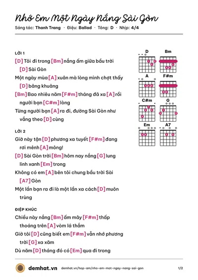 Hợp âm Nhớ Em Một Ngày Nắng Sài Gòn (Quang Tuấn) – bản nhạc PDF trang 1, tông D