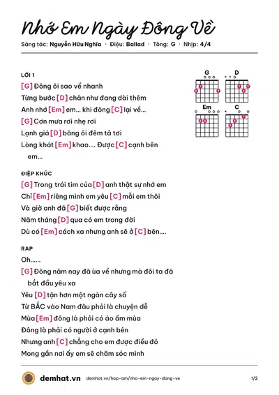 Hợp âm Nhớ Em Ngày Đông Về (Hữu Nghĩa) – bản nhạc PDF trang 1, tông G