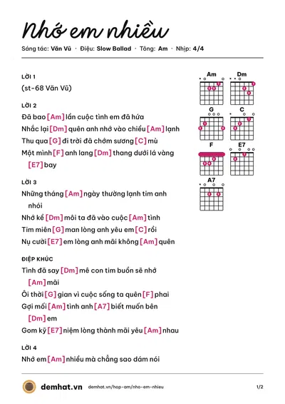 Hợp âm Nhớ em nhiều (Văn Vũ) – bản nhạc PDF trang 1, tông Am