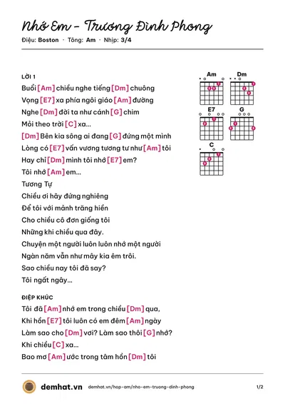Hợp âm Nhớ Em - Trương Đình Phong (Trương Đình Phong) – bản nhạc PDF trang 1, tông Am