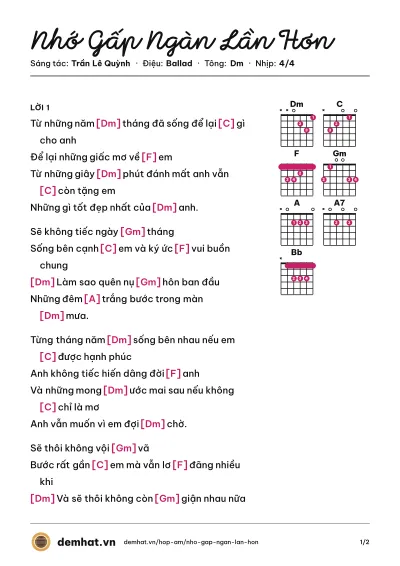 Hợp âm Nhớ Gấp Ngàn Lần Hơn (Nguyễn Phi Hùng) – bản nhạc PDF trang 1, tông Dm
