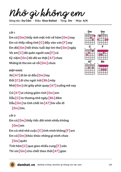 Hợp âm Nhớ gì không em (Anh Khoa (trước 75)) – bản nhạc PDF trang 1, tông Dm