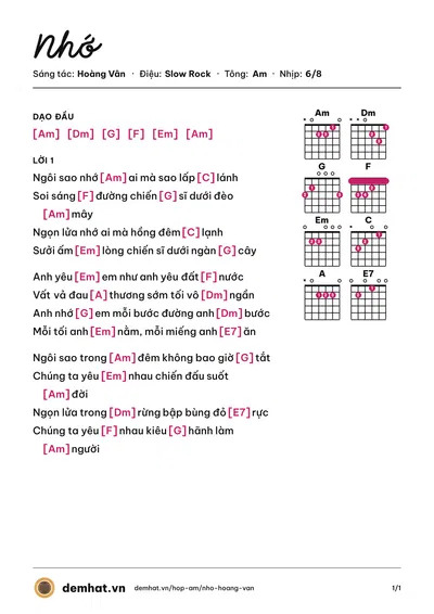 Hợp âm Nhớ (Hoàng Vân) – bản nhạc PDF trang 1, tông Am