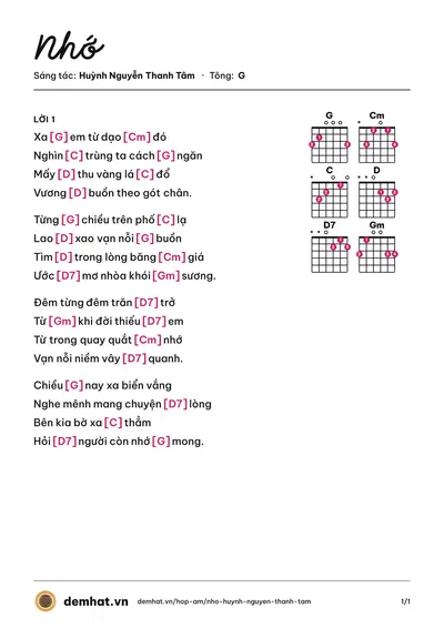 Hợp âm Nhớ (Ngọc Quy) – bản nhạc PDF trang 1, tông G