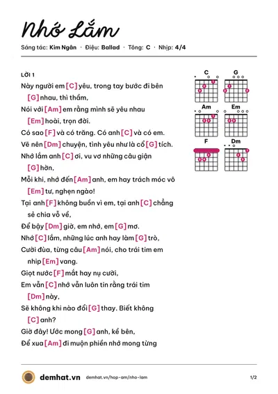Hợp âm Nhớ Lắm (Khổng Tú Quỳnh) – bản nhạc PDF trang 1, tông C