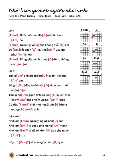 Hợp âm Nhớ làm gì một người như anh (Quang Hà) – bản nhạc PDF trang 1, tông Am