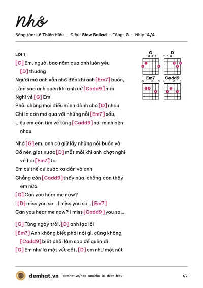 Hợp âm Nhớ (Lê Thiện Hiếu) – bản nhạc PDF trang 1, tông G