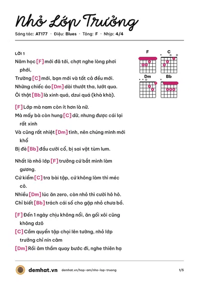 Hợp âm Nhỏ Lớp Trưởng (Ginô Tống) – bản nhạc PDF trang 1, tông F