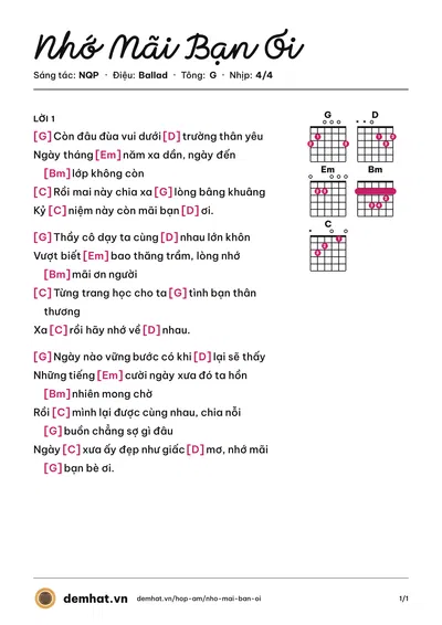 Hợp âm Nhớ Mãi Bạn Ơi (NQP) – bản nhạc PDF trang 1, tông G