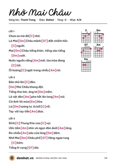 Hợp âm Nhớ Mai Châu (Tâm Hảo) – bản nhạc PDF trang 1, tông C
