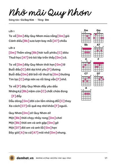 Hợp âm Nhớ mãi Quy Nhơn (Song Thư) – bản nhạc PDF trang 1, tông Dm