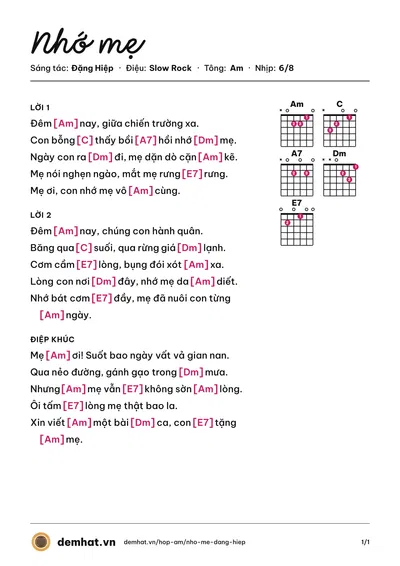 Hợp âm Nhớ mẹ (Đặng Hiệp) – bản nhạc PDF trang 1, tông Am