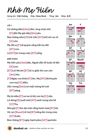 Hợp âm Nhớ Mẹ Hiền (Mai Ngọc Lan) – bản nhạc PDF trang 1, tông Am