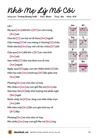 Hợp âm Nhớ Mẹ Lý Mồ Côi (Cẩm Ly) – bản nhạc PDF trang 1, tông Am