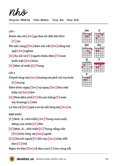 Hợp âm Nhớ (Cao Công Nghĩa) – bản nhạc PDF trang 1, tông Am